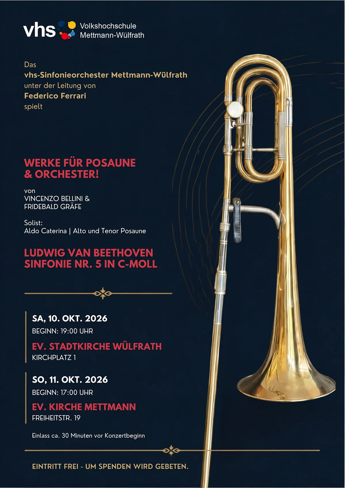 Plakat zum Konzert des vhs-Sinfonieorchesters Mettmann-Wülfrath am 10. und 11. Oktober 2026